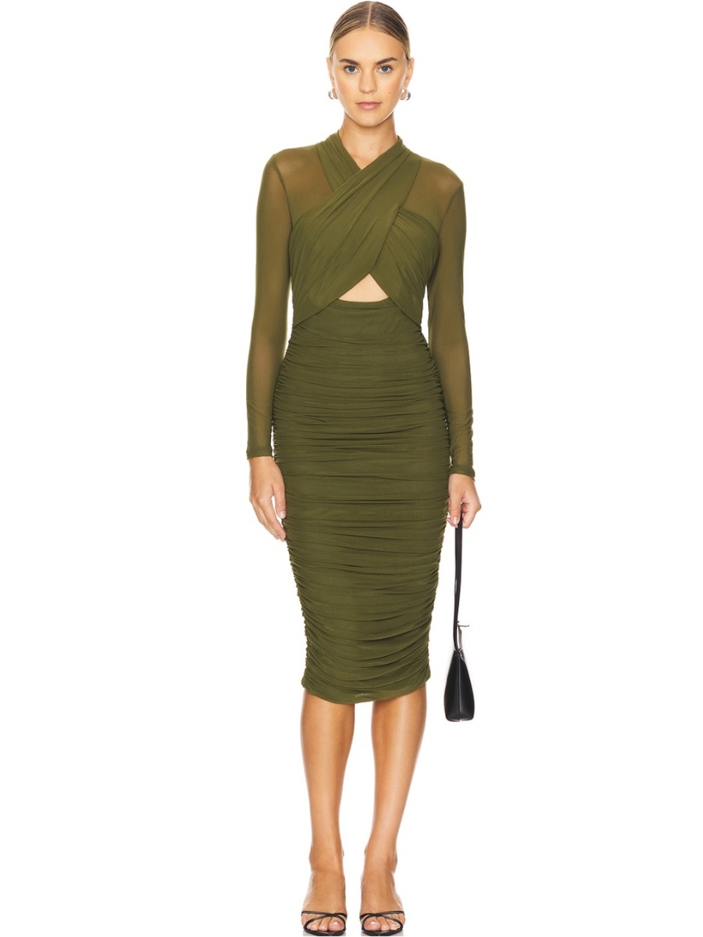 Bardot Olive Khaki Cross-Front Ruched Midi Dress